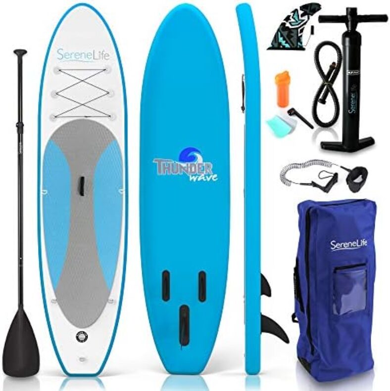 SereneLife Inflatable Stand Up Paddle Board (6 Inches Thick) with Premium SUP Accessories & Carry Bag | Wide Stance, Bottom Fin for Paddling, Surf Control, Non-Slip Deck | Youth & Adult Standing Boat