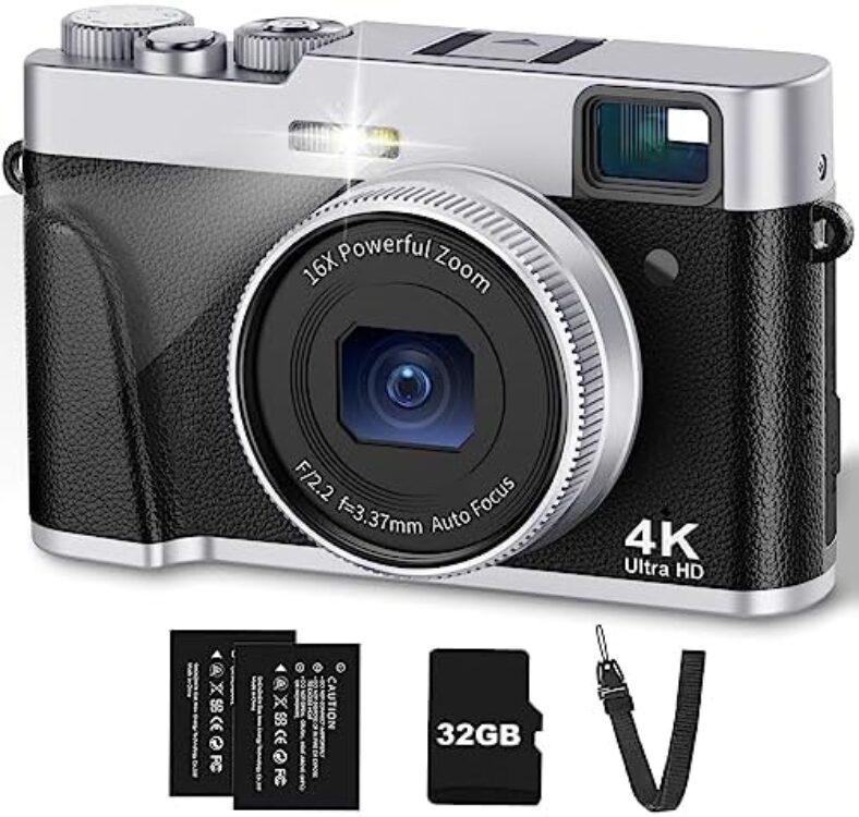 4K Digital Camera with Viewfinder & Flash, Autofocus 48MP Cameras for Photography Vlogging Compact Travel Camera for Adults Teens with Classic Dial, Time Lapse, Selfie, 16X Zoom, 32GB SD Card