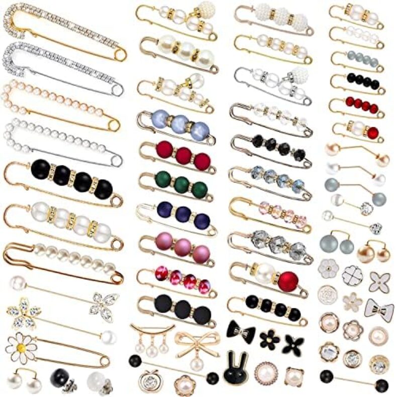 72 Pcs Brooch Pins, Sweater Shawl Hat Clip Neckline Pins Double Faux Pearl Brooches for Women Girls Fashion Cover Up Buttons Clothing Dress Decoration Accessories Pant Waist Tightener Safety Pins (70)