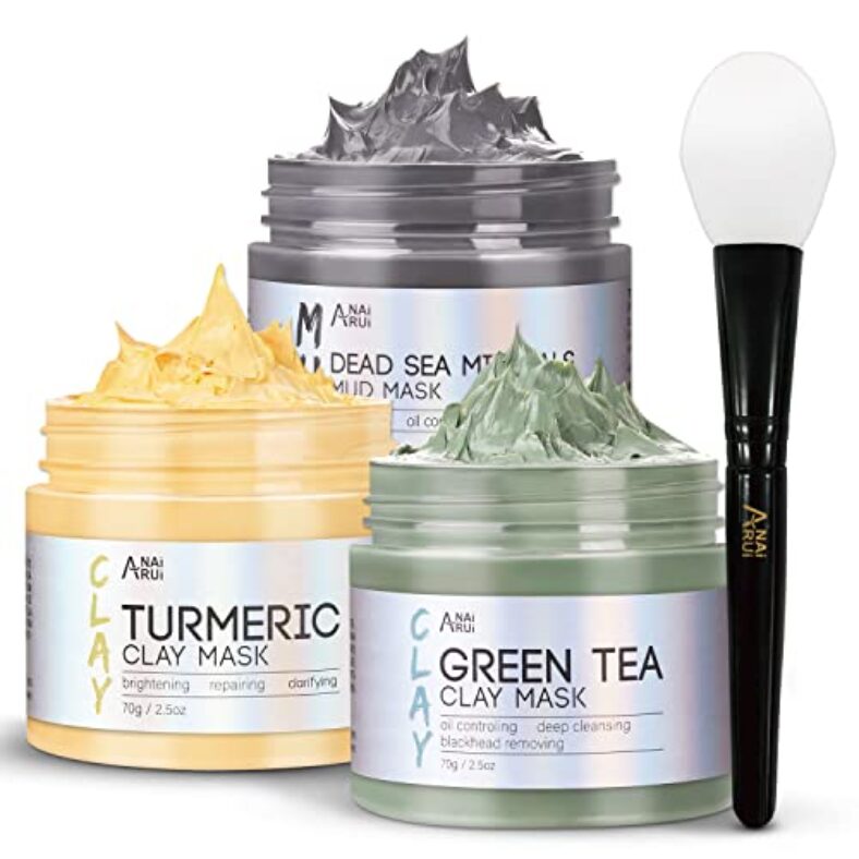 ANAI RUI Turmeric Clay Mask – Green Tea and Dead Sea Minerals, Spa Facial Mask Set for Pore Treatment/Smooth/Clarify, Indoor Use, 2.5 oz each