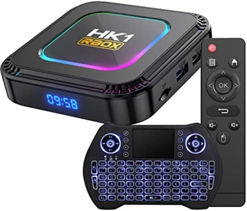 Android TV Box 13.0 4GB RAM 128GB ROM RK3528 WiFi 6 Smart TV Box RGB Light Set Top Box BT5.0 Ultra HD 1080P 4K 8K HLG Mode HDR10+ WiFi 6 USB 3.0 Android Box with Mini Wireless Backlit Keyboard