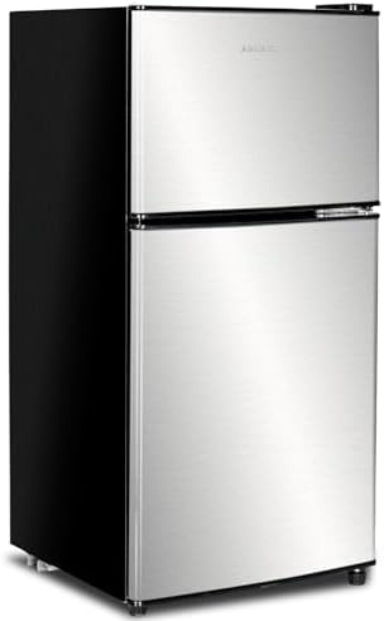 Anukis Compact Refrigerator 3.5 Cu Ft 2 Door Mini Fridge with Freezer For Apartment, Dorm, Office, Family, Basement, Garage, Silver