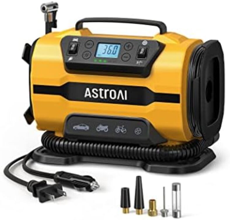 AstroAI Tire Inflator Portable Air Compressor Pump 150PSI 12V DC/110V AC with Dual Metal Motors &LED Light，Automotive Car Accessories&Two mode for car, bicycle tires and air mattresses.