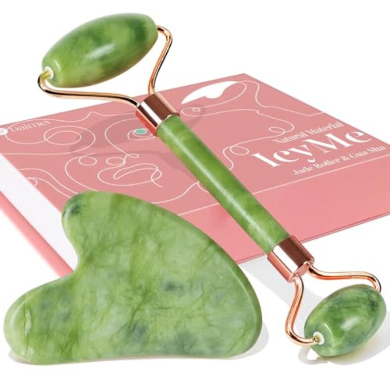 BAIMEI Gua Sha & Jade Roller Facial Tools Face Roller and Gua Sha Set for Puffiness and Redness Reducing Skin Care Routine, Self Care Gift for Men Women – Green