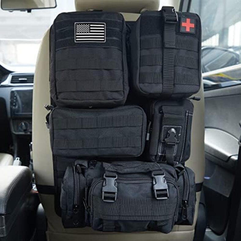 BXBXHD Universal Tactical Car Seat Back Organizer Bag Tactical Molle Vehicle Organizers Panel Vehicle Protector Organizers with 5 Detachable Pouches for Car Truck Ford Jeep Vehicle (Black)