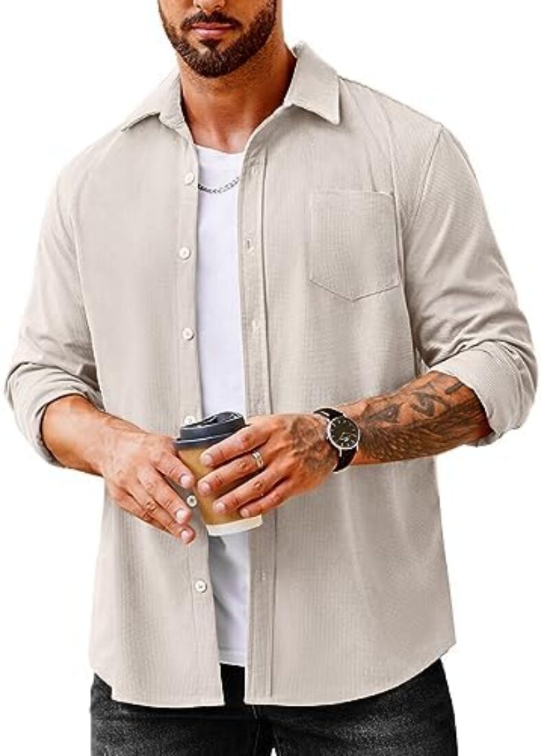 COOFANDY Men’s Waffle Button Down Shirts Casual Long Sleeve Shacket Jacket with Pockets