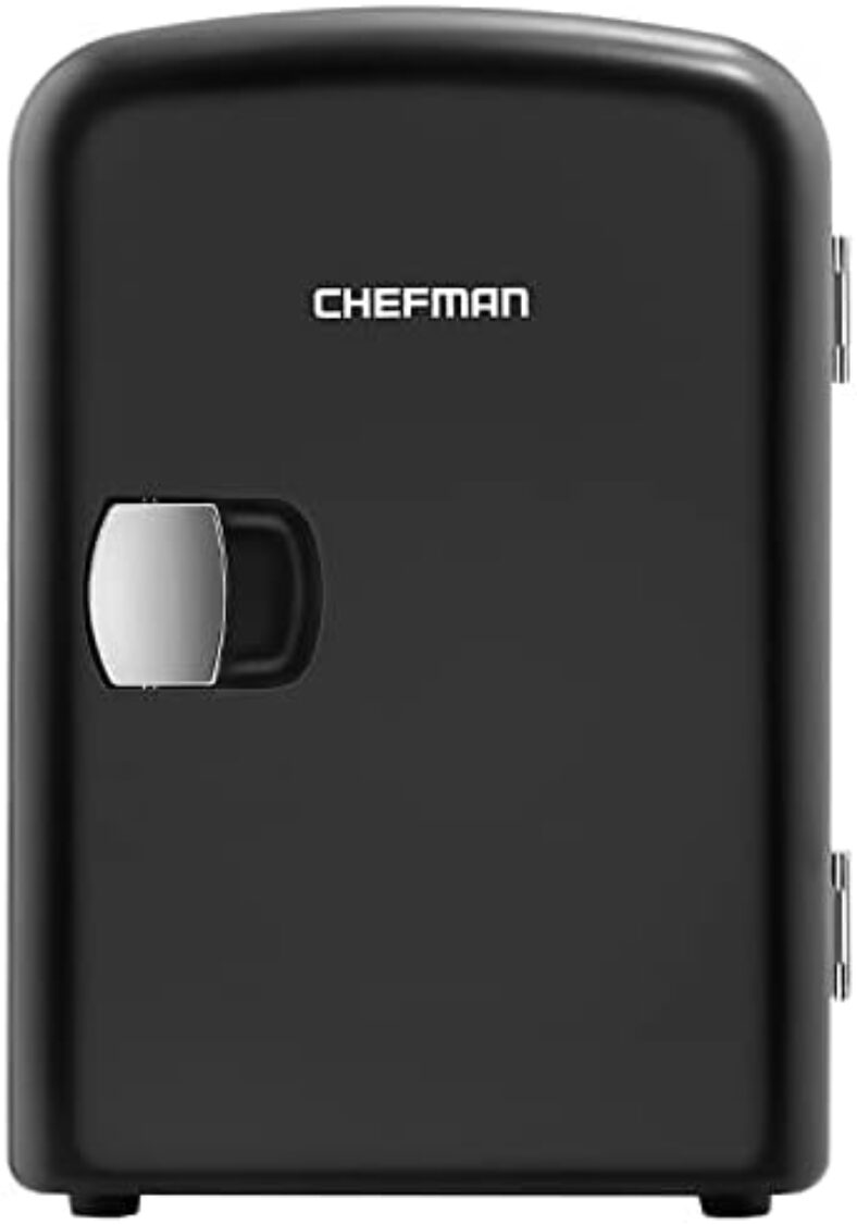 Chefman – Iceman Mini Portable Black Personal Fridge Cools Or Heats and Provides Compact Storage For Skincare, Snacks, Or 6 12oz Cans W/A Lightweight 4-liter Capacity To Take On The Go