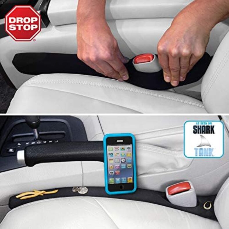 Drop Stop – The Original Patented Car Seat Gap Filler (AS SEEN ON Shark Tank) – Set of 2 and Slide Free Pad and Light