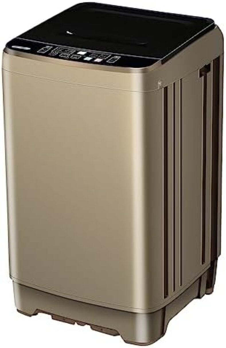 EUASOO 15.6lbs Full-Automatic Washing Machine, Portable Compact Laundry Washer with Drain Pump, 10 Programs 8 Water Levels with LED Display for RV, Camping, Apartment, Dorm, Dark-Gold