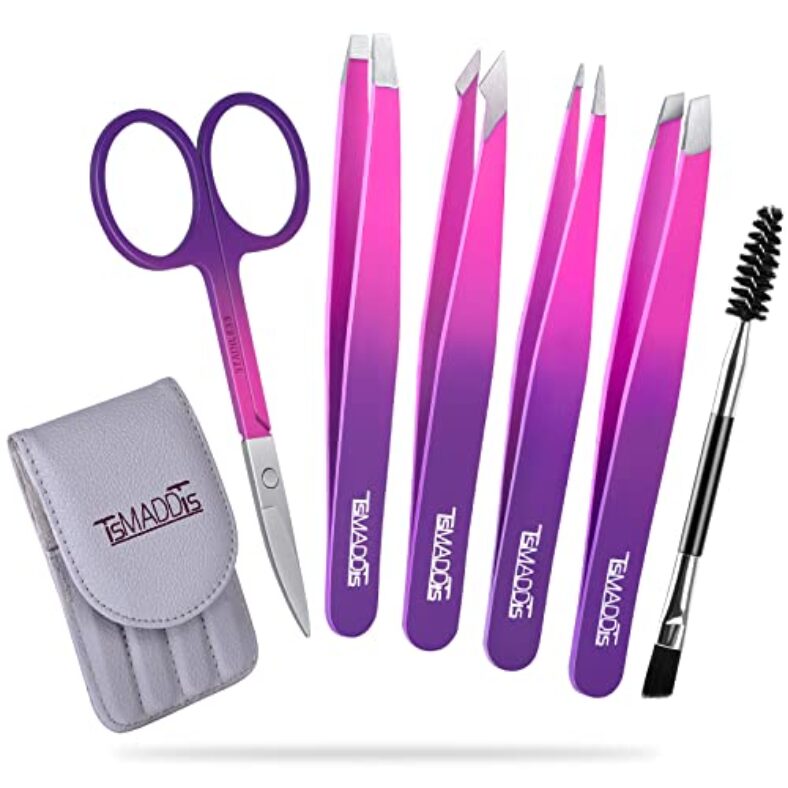 Eyebrow Tweezer Set, TsMADDTs 6 Pcs Tweezers Set for Women, Precision Tweezer for Eyebrows with Curved Scissors for Ingrown Hair, Hair Plucking Daily Beauty Tools (Pink&Purple)
