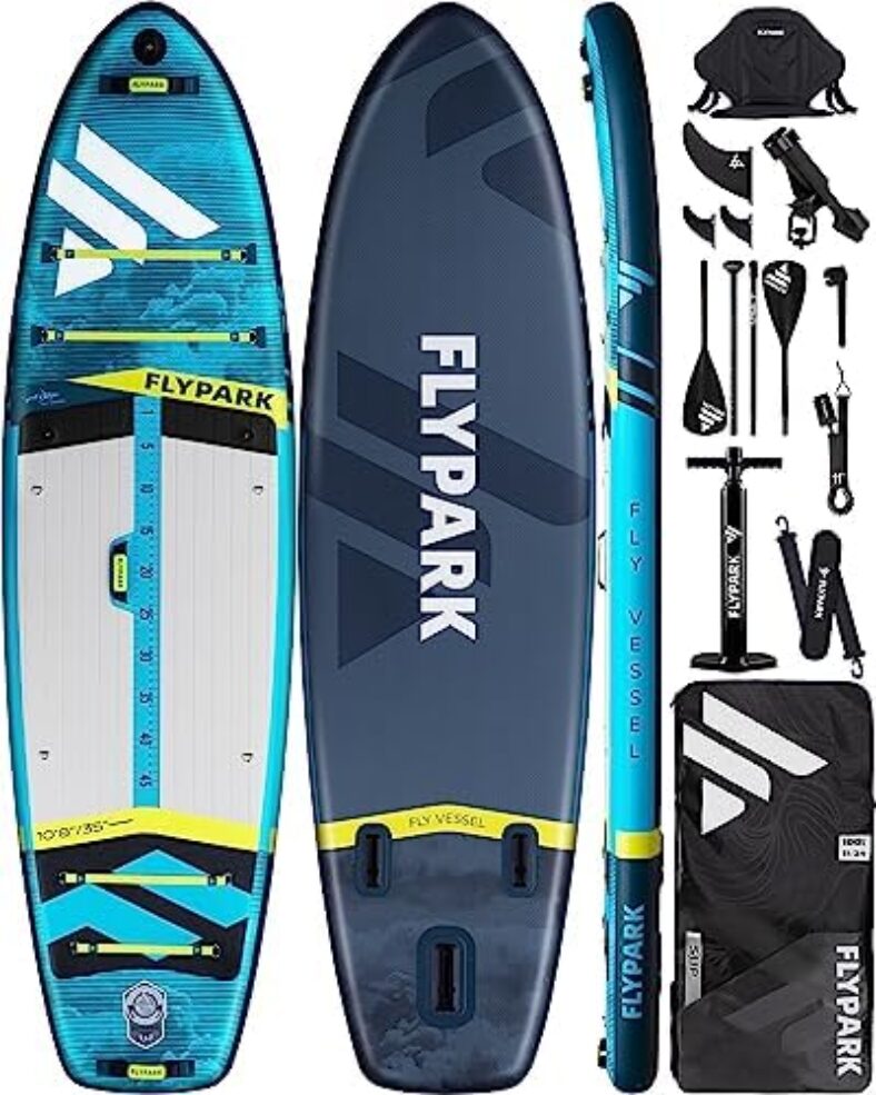 Flypark 10’8”x35” Fishing Inflatable Paddle Board, Extra Wide SUP Paddleboard Inflatable, Fishing Stand Up Paddle Board, 2 Fish mounts, Rod Hold, Measurement, Kayak seat, Camera Mount Shoulder Strap