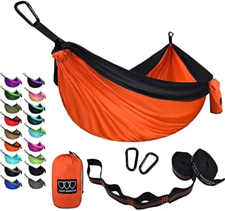 Gold Armour Camping Hammock – Portable Hammock Single Hammock Camping Accessories Gear for Outdoor Indoor Adult Kids, USA Based Brand (Orange & Black)