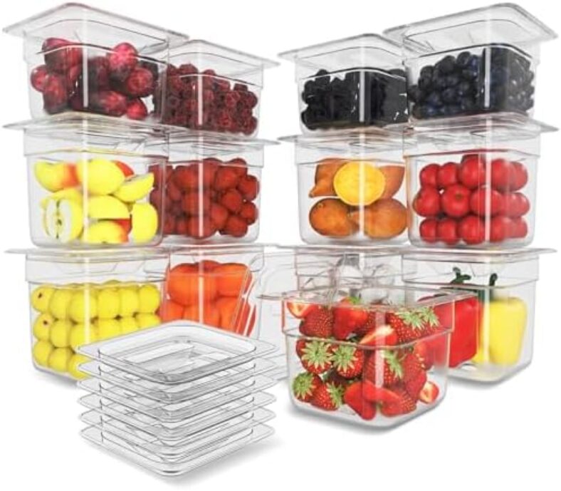 HNEDSEN 12 Pack Plastic Food Pan with Lid 1/6 Size 6 Inch Deep Restaurant Clear Food Storage Containers Polycarbonate Commercial Hotel Pans for Fruits Vegetables Beans Corns (12 PCS, 6” Deep)