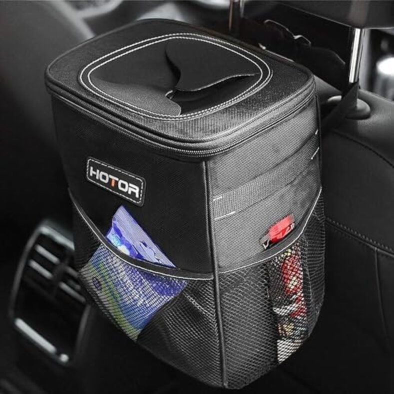 HOTOR Car Trash Can with Lid and Storage Pockets – 100% Leak-Proof Organizer, Waterproof Garbage Can, Multipurpose Trash Bin for Car, 2 Gallons, Black