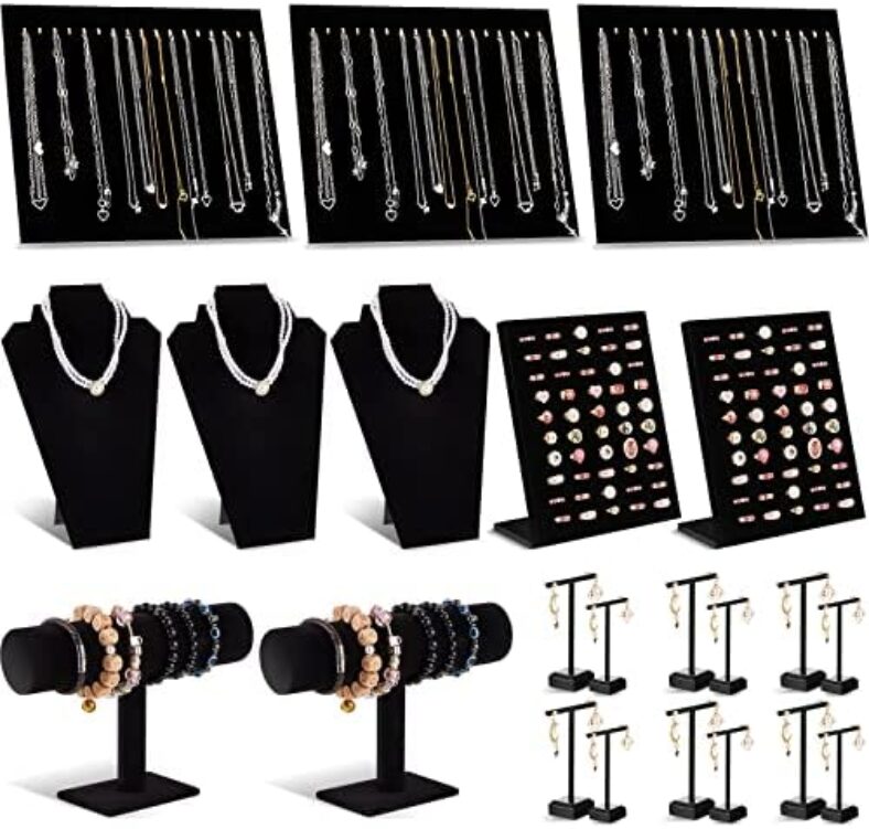 Henoyso 22 Pcs Velvet Jewelry Display Set Jewelry Display for Selling Necklace Stand Bracelet Holder T Shape Earring Stand (Black)