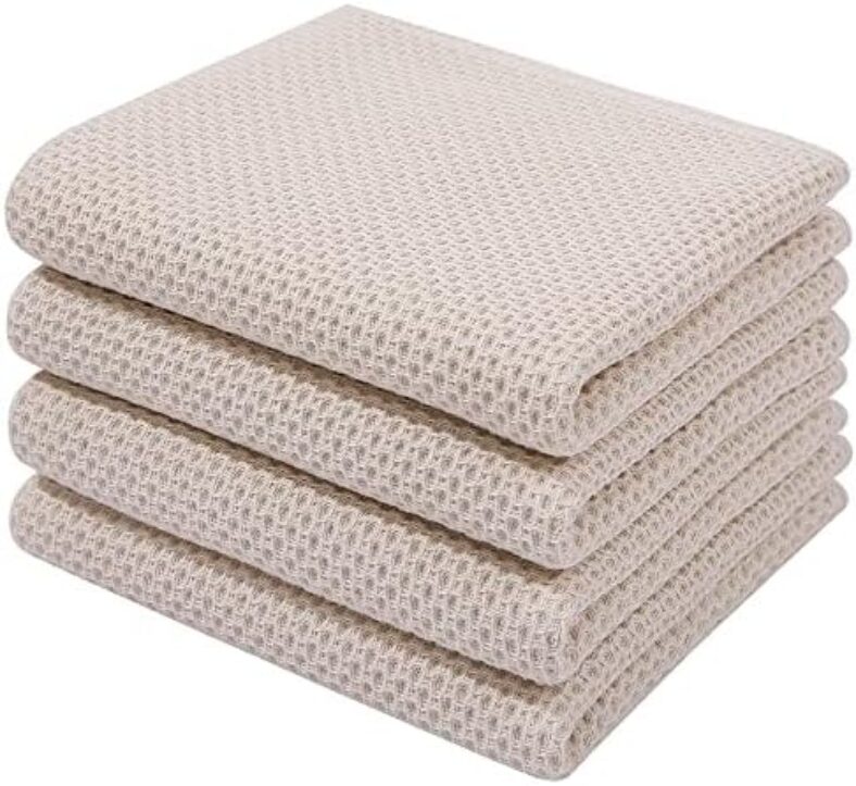 Homaxy 100% Cotton Waffle Weave Kitchen Dish Towels, Ultra Soft Absorbent Quick Drying Cleaning Towel, 13×28 Inches, 4-Pack, Beige