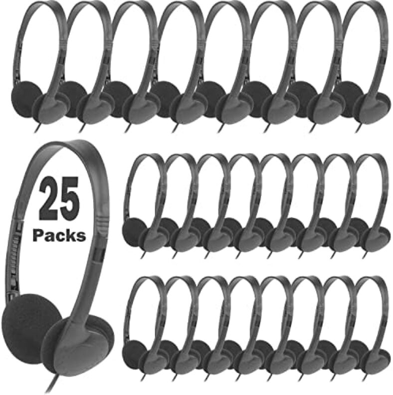 Hongzan Bulk Headphones Earphone Earbud for Classroom Kids, Wholesale 25 Pack Over The Head Low Cost Headphones in Bulk Perfect for Schools,Libraries,Museums,Hotels,Hospitals,Gym and More (Black)
