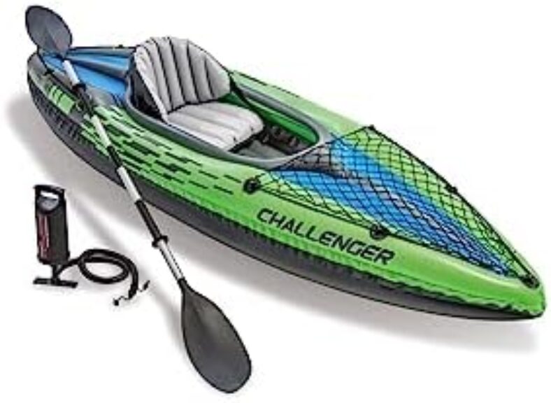 INTEX Challenger Inflatable Kayak Series: Includes Deluxe 86in Aluminum Oar and High-Output Pump – SuperStrong PVC – Adjustable Seat with Backrest – Removable Skeg – Cargo Storage Net