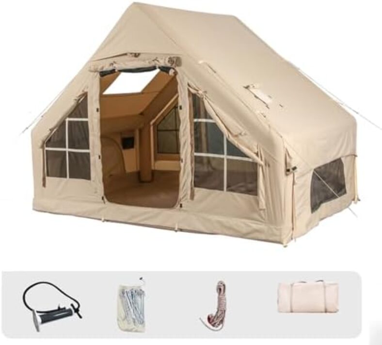 Inflatable Camping Tents with Pump, Air Glamping Tents, Easy Setup Waterproof and Windproof Blow up Tent, 4 Seasons Oxford Cabin Tent with Mesh & Chimney Window.