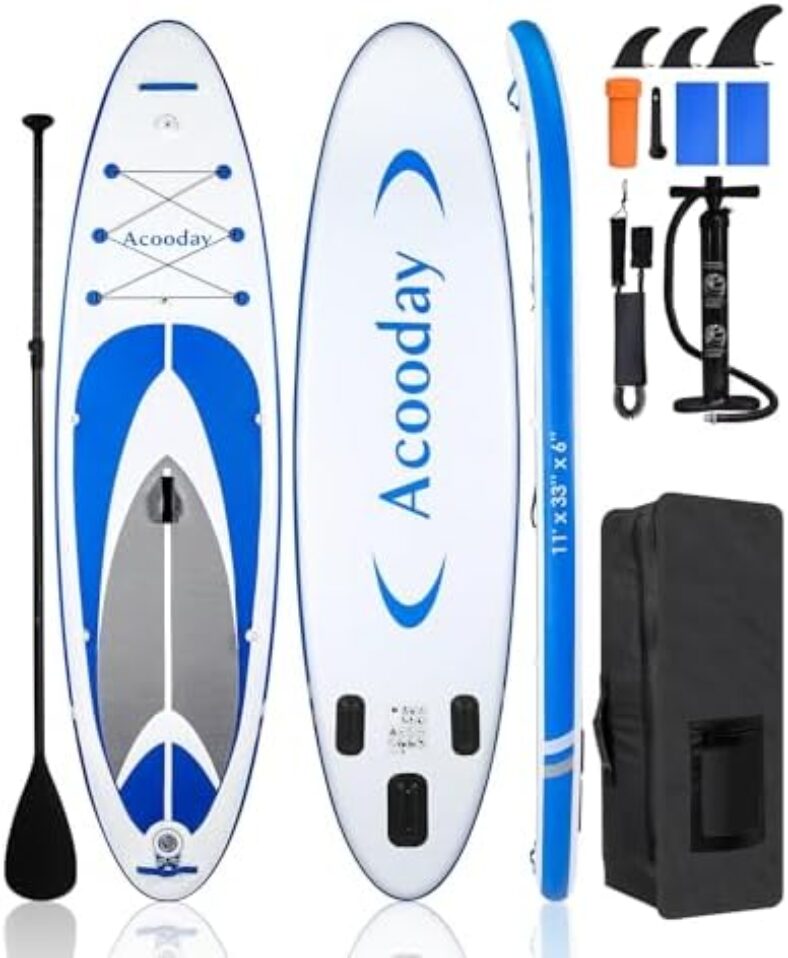 Inflatable Paddle Board for Adults – Acooday Extra Wide Stand Up Paddleboards, 11ft Ultra-Light SUP Boards with Camera Mount, Blow Up Paddleboard with Pump, Paddle, Backpack, Fin, Leash