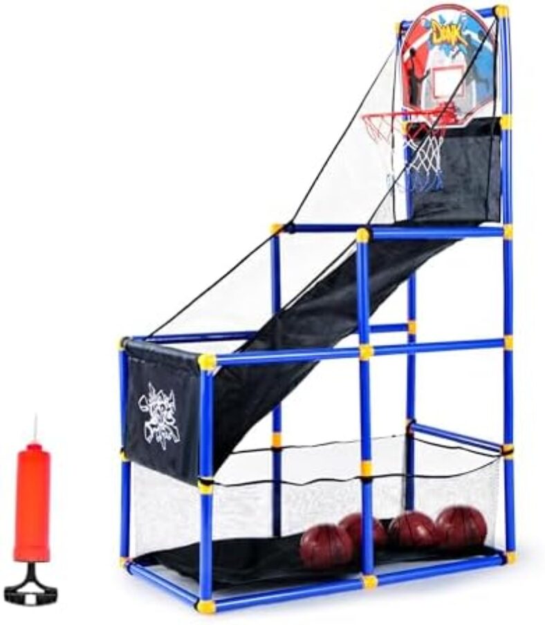 JOYIN Arcade Basketball Game Set with 4 Balls and Hoop for Kids 3 to 12 Years Old Indoor Outdoor Sport Play – Easy Set Up – Air Pump Included – Ideal for Competition
