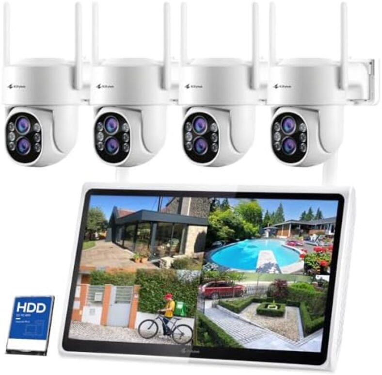 Kittyhok Wireless Security Camera System Outdoor with Monitor | 4pcs 2K Dual Lens PTZ Security Cameras, 10x Mixed Zoom, Auto Tracking, Human Detection, Spotlight | 10CH NVR with 10″ Monitor, 500GB HDD