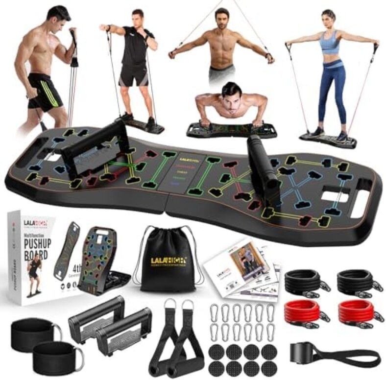 LALAHIGH Portable Home Gym System: Large Compact Push Up Board, Pilates Bar & 20 Fitness Accessories with Resistance Bands & Ab Roller Wheel – Full Body Workout for Men and Women, Gift for Boyfriend (Black)