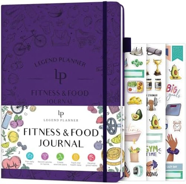 Legend Fitness & Food Journal – Nutrition & Workout Planner with Exercise Calendar & Nutrient Tracker – Gym Training & Diet Log Book for Women & Men – Lasts 3 Months, 7.5”x10” (Purple)