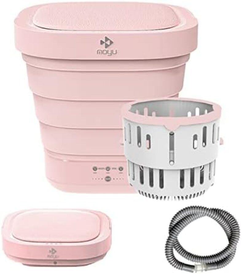 MOYU Mini Portable Bucket Washer Foldable Washing Machine with Soft Spin Dry and Drainage Pipe Pink (English User manual and button labels)