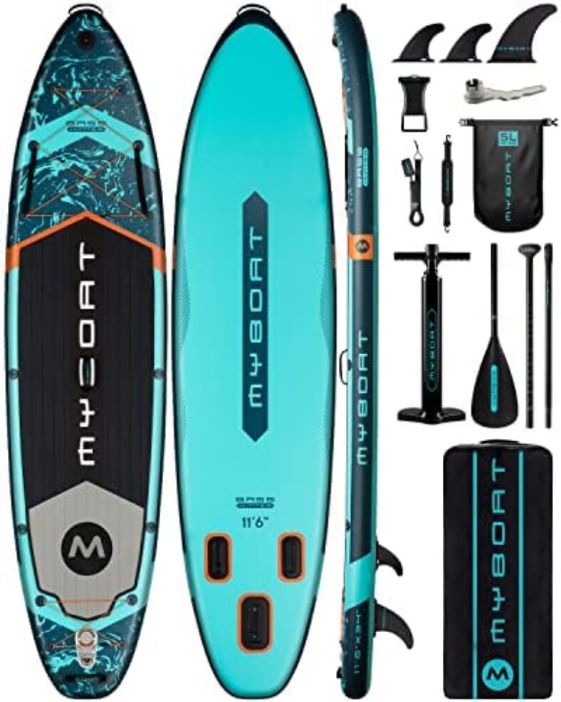 MYBOAT 11’6″×34″×6″ Extra Wide Inflatable Paddle Board, Stand Up Paddle Board for Fishing, Sup Board with 3 Removable Fins, Dual Bungees, Camera Mount, Hand Pump, Strong Paddle, 5L Dry Bag, Leash