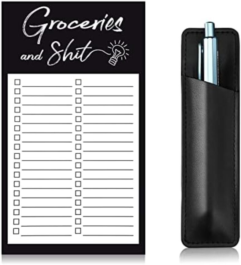 Outus Grocery List Pads Funny Memo Notepad Magnet Refrigerator Notepad with 1 Piece Pen Holder Magnetic Pu Leather Marker Pouch for Shopping and to Do Lists (Black, Classic Style)