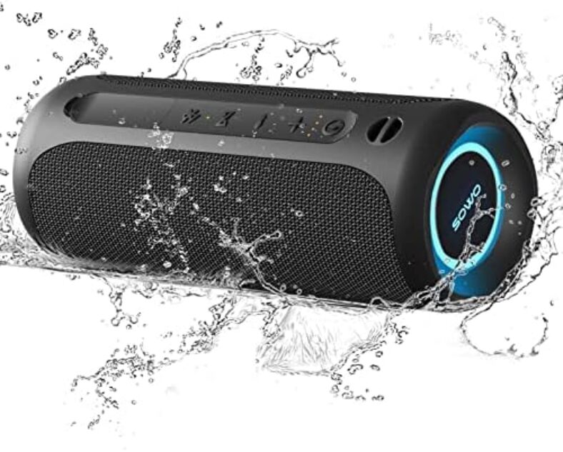 Portable Speaker, Wireless Bluetooth Speaker, IPX7 Waterproof, 25W Loud Stereo Sound, Bassboom Technology, TWS Pairing, Built-in Mic, 16H Playtime with Lights for Home Outdoor – Black