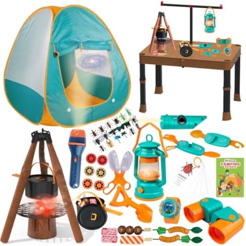 Qtioucp Kids Camping Set 50pcs with Folding Storage Table/Tent & Children’s Projector Flashlight- Outdoor Campfire Toy Set for Toddlers Kids – Pretend Play Camp Gear Tools for Birthday Christmas
