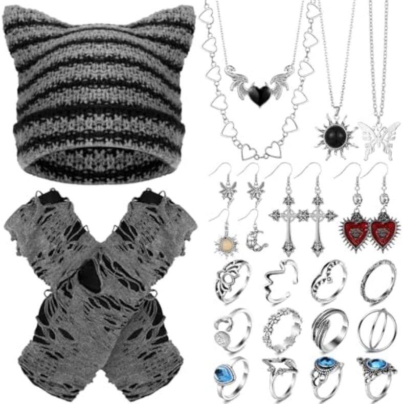 Quelay 22 Pcs Y2k Grunge Knitted Cat Beanie with Fairy Grunge Ripped Glove Earrings Necklace Rings Set Devil Horn Grunge Accessories Slouchy Hat Crochet Beanie with Ears (Black)