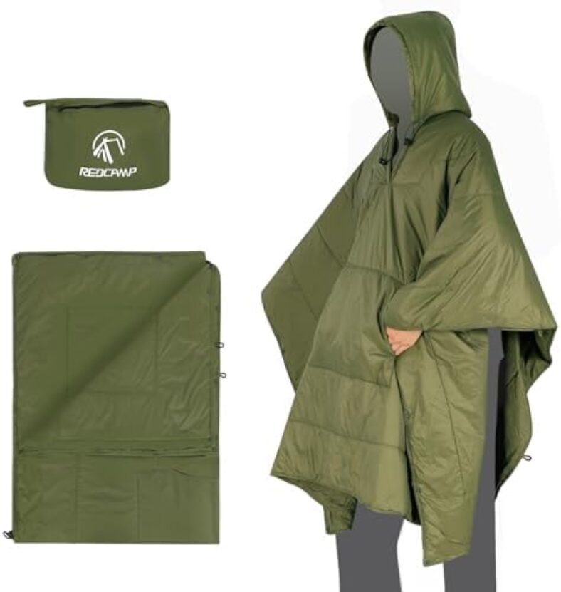 REDCAMP Wearable Camping Blanket Lightweight, Multifunctional Warm Travel Quilt Waterproof, Compact Wearable Poncho with Detachable Hood for Camping, Hiking (Army Green)