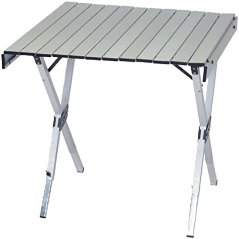 RIO Brands Gear Compact Expandable Outdoor and Camping Aluminum Roll-Top Heat Dissipating Picnic Table, Silver, 2 in 1