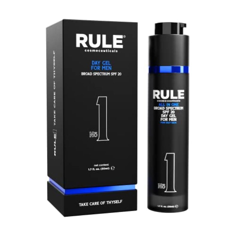 RULE 10-in-1 Mens Face Moisturizer with SPF 20 – Anti Aging Face Moisturizer for Men with Collagen, Licorice Extract, Vitamin B, C & E Anti Wrinkle Men’s Facial Day Gel for Combination/Oily Skin 1.7oz