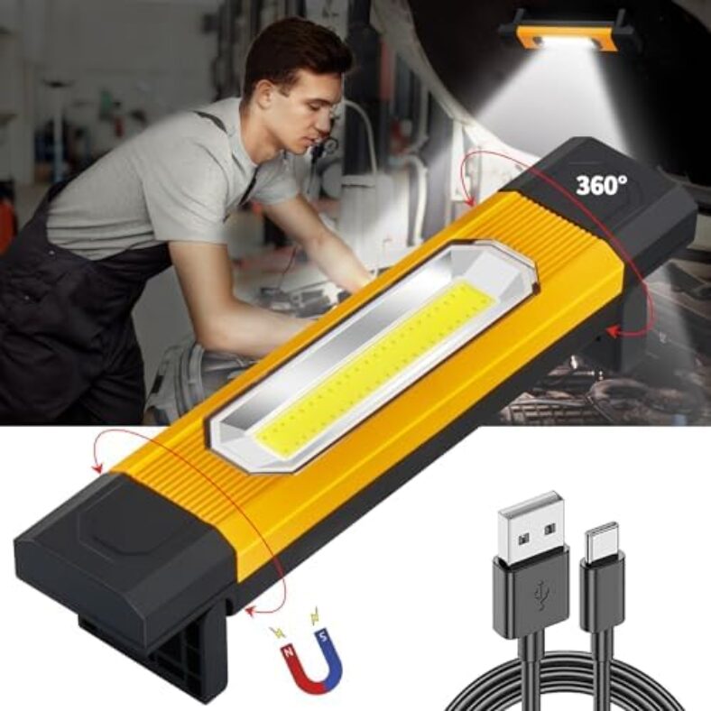 Rechargeable Underhood Work Light, 2800Lumens Magnetic Work Light with 90°Bracket, 360°Rotatable COB Work Lights with Portable Charger, Automotive Mechanic Light for Garage, Workshop, Emergency