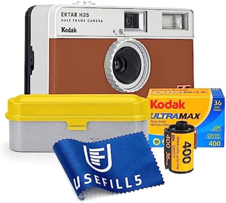 Reusable Film Camera 35mm Bundle Includes Kodak Ektar H35 Half Frame Film Cameras Color Brown Yellow Film Case for 5 Rolls and ISO 400 35 mm Film with Branded Microfiber Cloth by USEFILL5