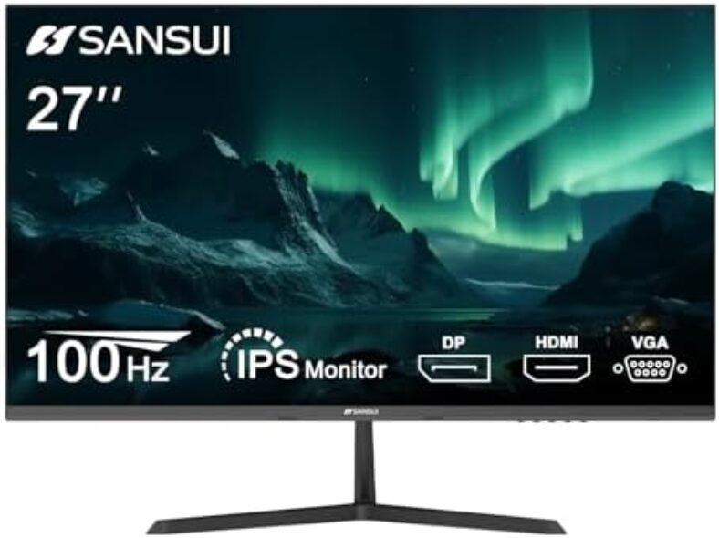 SANSUI 27 Inch Monitor, Build-in Speakers IPS 100Hz Monitor, FHD Computer Monitor DisplayPort HDMI VGA Inputs, 100 x 100 mm VESA Mount, Ultra Slim Ergonomic Tilt (ES-27X3A HDMI Cable Included)