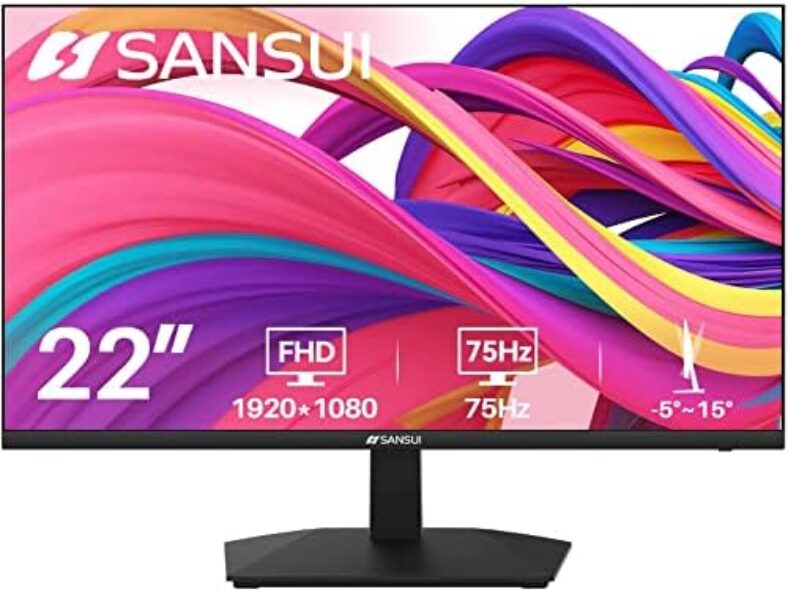 SANSUI Monitor 22 inch 1080p FHD 75Hz Computer Monitor with HDMI VGA, Ultra-Slim Bezel Ergonomic Tilt Eye Care LED Display for Home Office (ES-22F1 HDMI Cable Included)