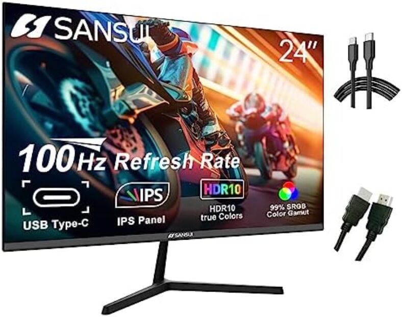 SANSUI Monitor 24 inch 100Hz IPS USB Type-C FHD 1080P Computer Display Built-in Speakers HDMI DP HDR10 Game RTS/FPS Tilt Adjustable for Working and Gaming (ES-24X3 Type-C & HDMI Cable Included)