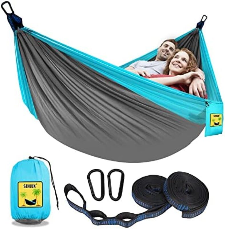 SZHLUX Camping Hammock Double Portable Hammocks Camping Accessories and Camping Gear, Great for Hiking,Outdoor,Beach,Camping,Light Grey & Sky Blue, Large