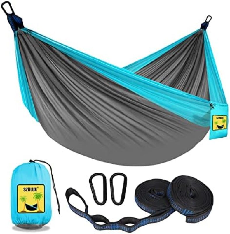 SZHLUX Camping Hammock Double & Single Portable Hammocks with 2 Tree Straps and Attached Carry Bag,Great for Outdoor,Indoor,Beach,Camping,Light Grey / Sky Blue