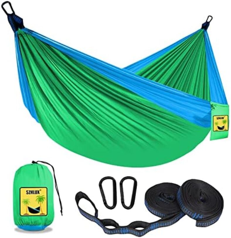 SZHLUX Kids Hammock – Kids Camping Gear, Camping Accessories with 2 Tree Straps and Carabiners for Indoor/Outdoor Use, Sapphire Blue & Grass Green