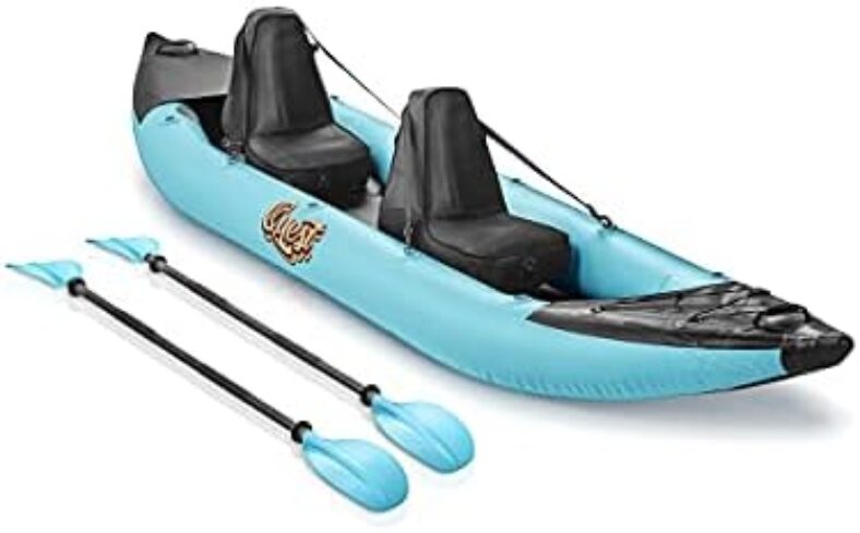 SereneLife 2 Person Inflatable Kayak – Double Kayak with Aluminum Paddles, Repair Kit – Lightweight, Portable Adult Kayaks with High-Output Pump – Durable Vinyl Kayak for Lake, Mild River – Aqua