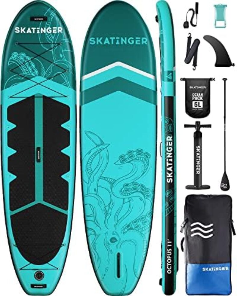 Skatinger 11’x34” Extra Wide Inflatable Paddle Board, Up to 420lbsPaddle Boards for Adults, Stable Stand Up Paddle Board, 2 People/Family, Wide&Stable, Floating Paddle, Shoulder Strap, US Fin