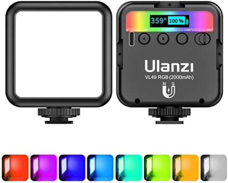 ULANZI VL49 RGB Video Lights, LED Camera Light 360° Full Color Portable Photography Lighting w 3 Cold Shoe, 2000mAh Rechargeable CRI 95+ 2500-9000K Dimmable Panel Lamp Support Magnetic Attraction