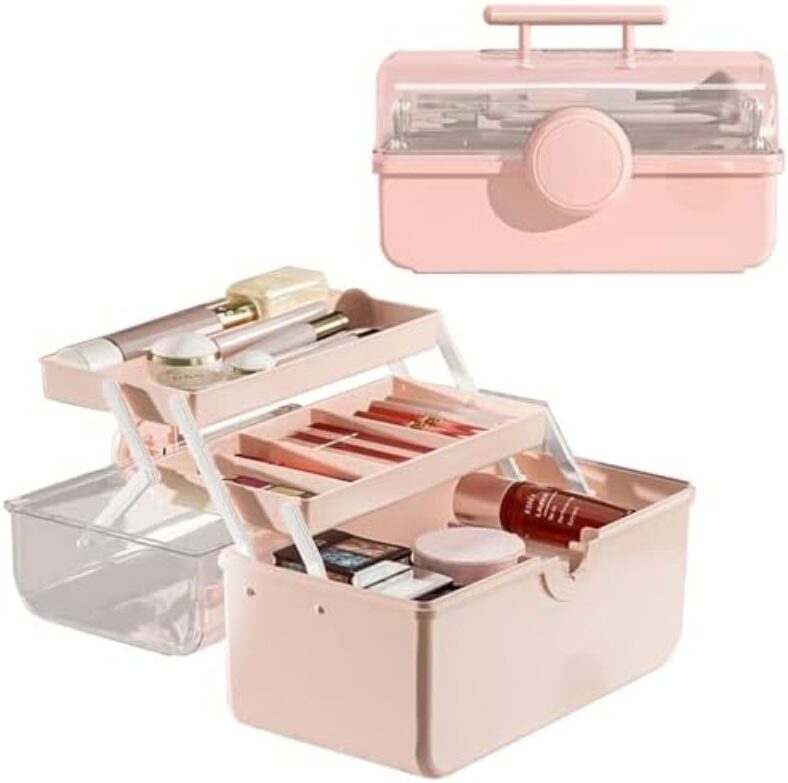 WMM Makeup Storage Organizer, Large Capacity Makeup Organizer with Transparent Visual Cover, Handle 3 Layers Portable Cosmetic Storage Box Easily Organize Your Cosmetics, Jewelry and Hair Accessories