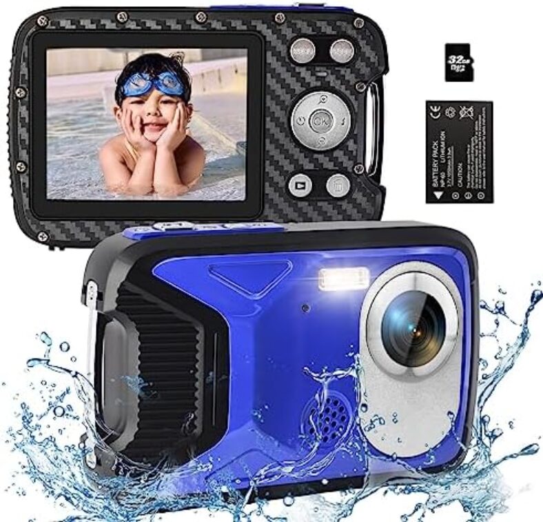 YEEIN Digital Camera 30MP Kids Digital Camera with 32G SD Card and Rechargeable Battery, 18X Digital Zoom Compact Portable Digital Camera for Snorkeling Swimming Blue